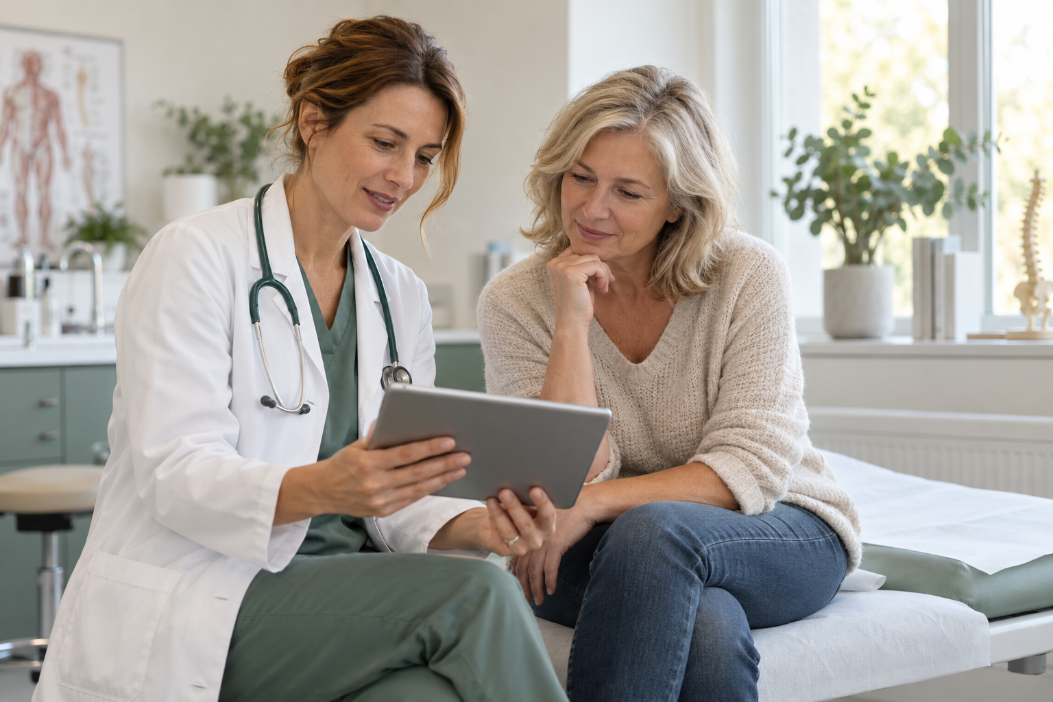 Ärztin und Patientin betrachten gemeinsam ein Tablet in einer hellen Praxis.