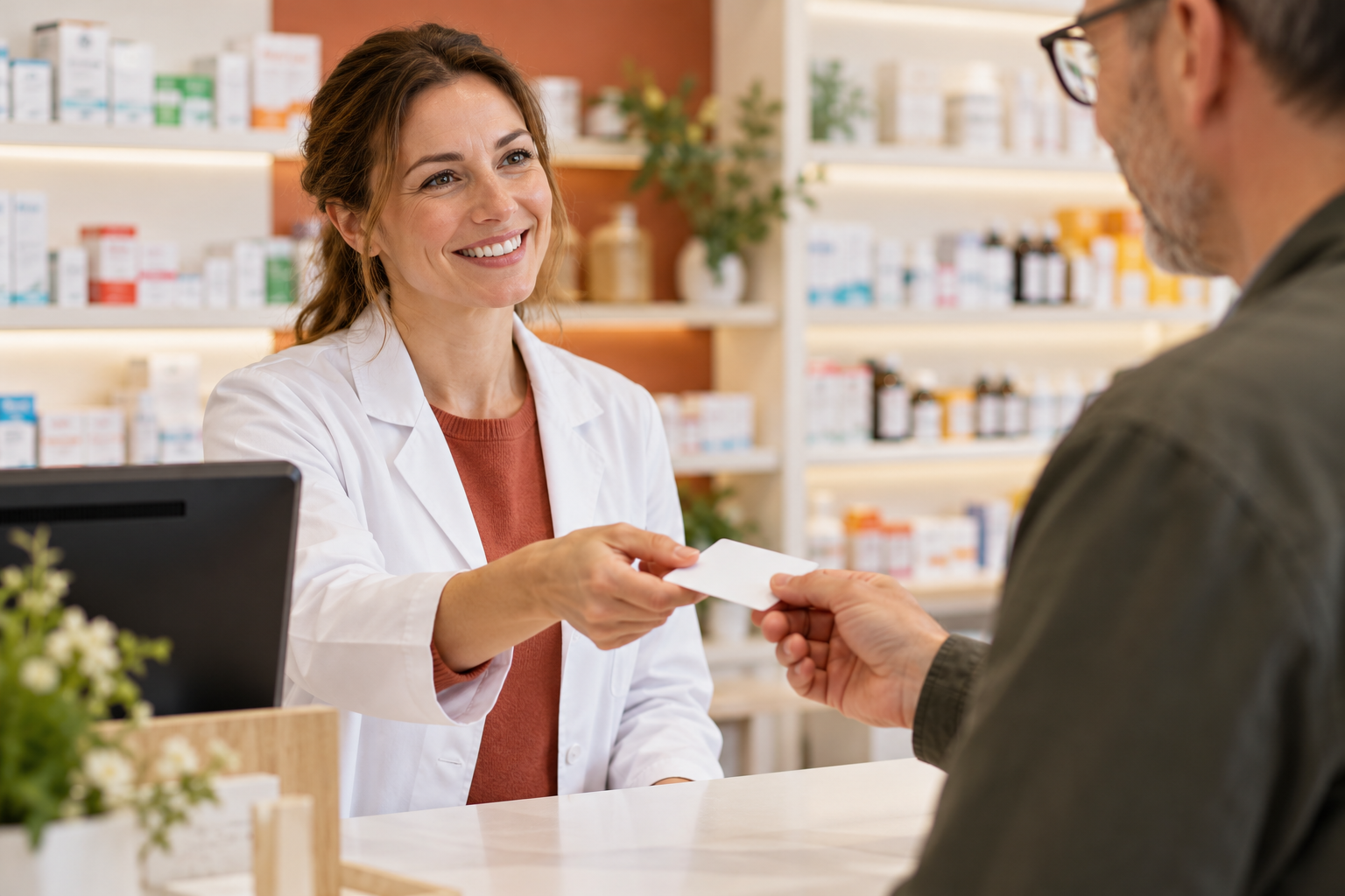 Eine Gesundheitskarte wird an einer Apothekentheke übergeben.